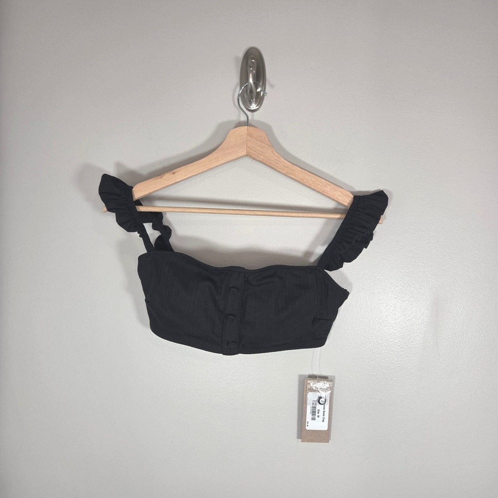 Albion Monroe Swim Crop M NWT Black Textured Ruffle Strap Bikini Top
